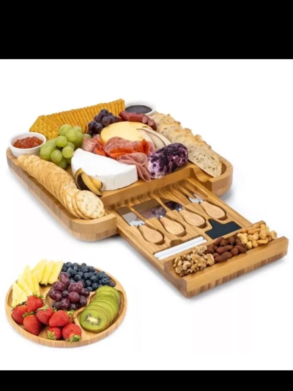SMIRLY Bamboo Charcuterie Cheese Board Set with Utensils & Fruit Tray NIB
